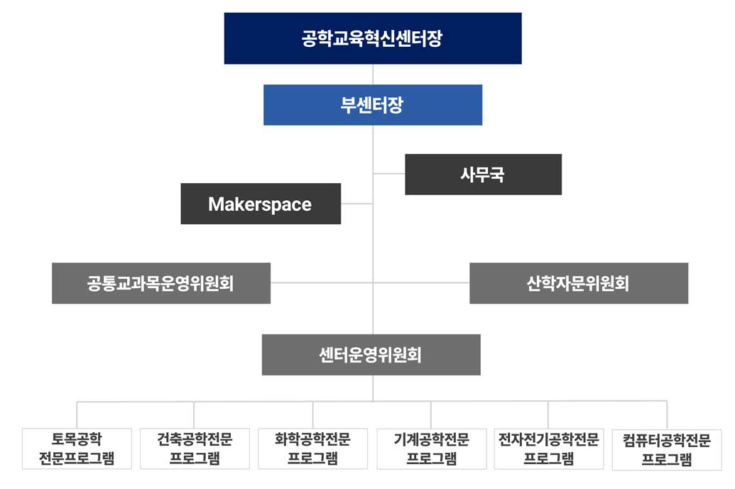 공학교육혁신센터 조직도. 공학교육혁신센터 아래에 부센터장. 그 아래에 사무국과 자문위원회. 자문위원회 아래에 교내자문위원회, 센터산학자문위원회. 사무국과 자문위원회 아래에 센터 운영위원회와 공통교과목 운영위원회. 센터 운영위원회 아래에 토목공학전문프로그램, 화학공학전문프로그램, 전자전기공학전문프로그램, 바이오메디컬공학전문프로그램, 건축공학전문프로그램, 기계공학전문프로그램, 컴퓨터공학전문프로그램, 나노소재공학전문프로그램.